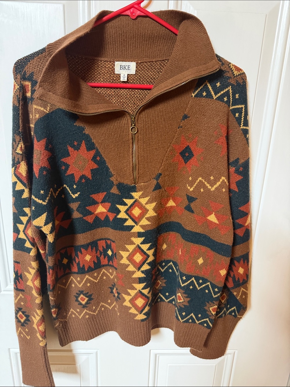 BKE Brown Southwestern Zip-Up Sweater with Black and Mustard Accents
